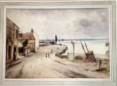 John Blair, Village seaside scene, watercolour on paper, signed bottom left, unframed. (18cmx26cm)