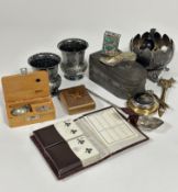 A pair of Britannia metal crimped baluster engraved fern pots, white metal salad serving spoon