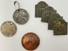 A collection of historical tokens/badges comprising a 1791 Rochdale Halfpenny 'Payable at the
