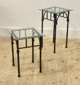 A Graduated pair of wrought metal lamp tables with glass tops H53cm, 31cm x 31cm
