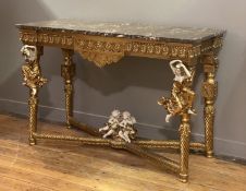 A marble topped gilt composition console table in the Baroque style, the rectangular marble top