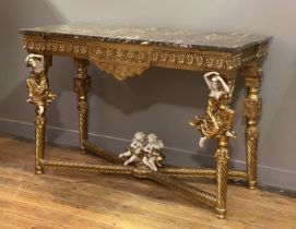 A marble topped gilt composition console table in the Baroque style, the rectangular marble top