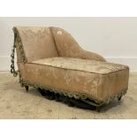 A late 19th century miniature chaise longue, upholstered in tasselled silk damask, raised on