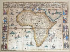A framed reproduction map of Africa by Willem Blaeu 1644, handcoloured on paper (42cmx55cm)