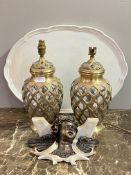 A pair of moulded glass and gilt metal lamp bases of baluster form (H47cm) together with a white