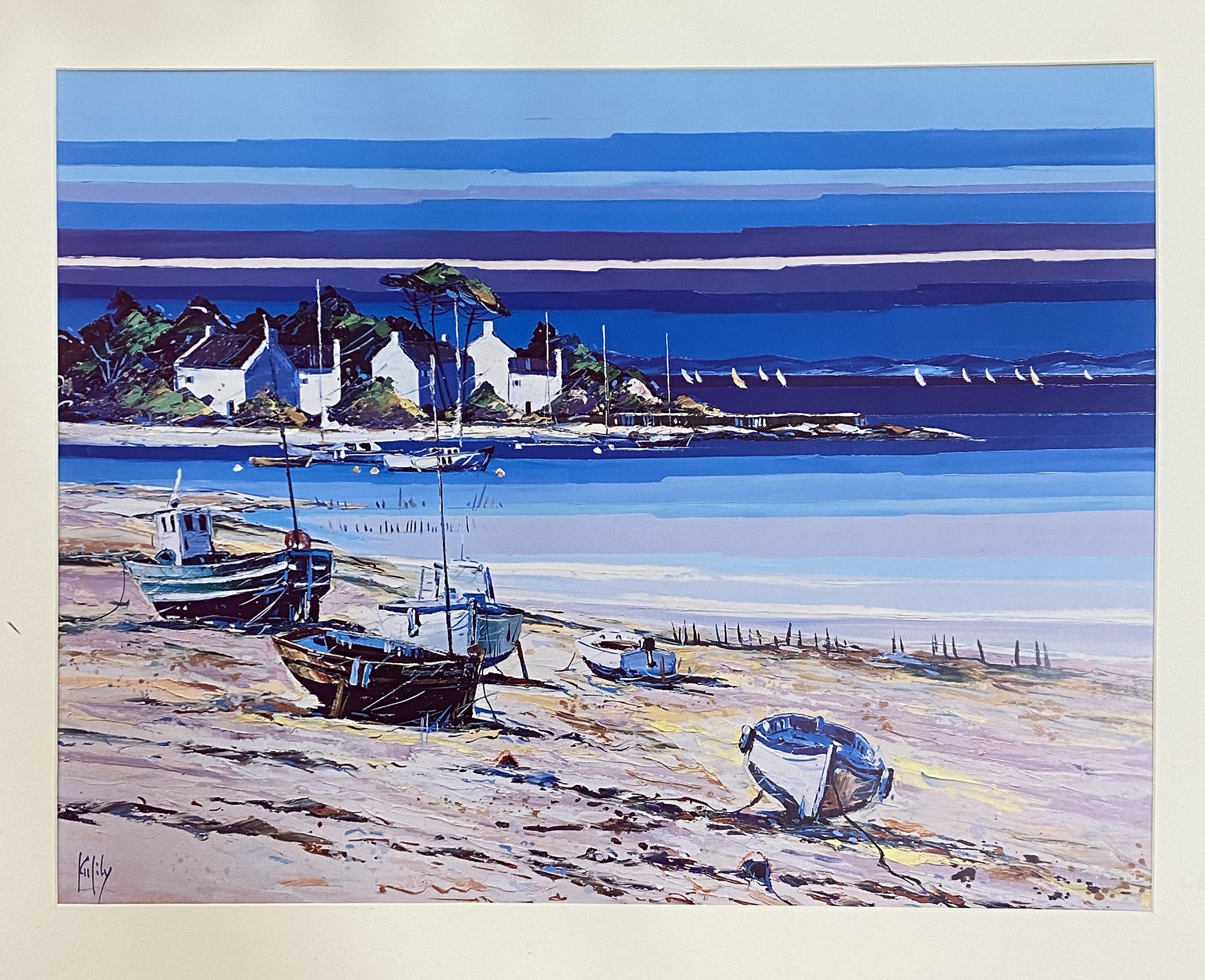 A collection of 40 mounted prints, themed as sea and landscapes in various styles, within two