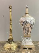 A gilt lacquered brass table lamp formed as a candle stick (H56cm) together with a modern table lamp