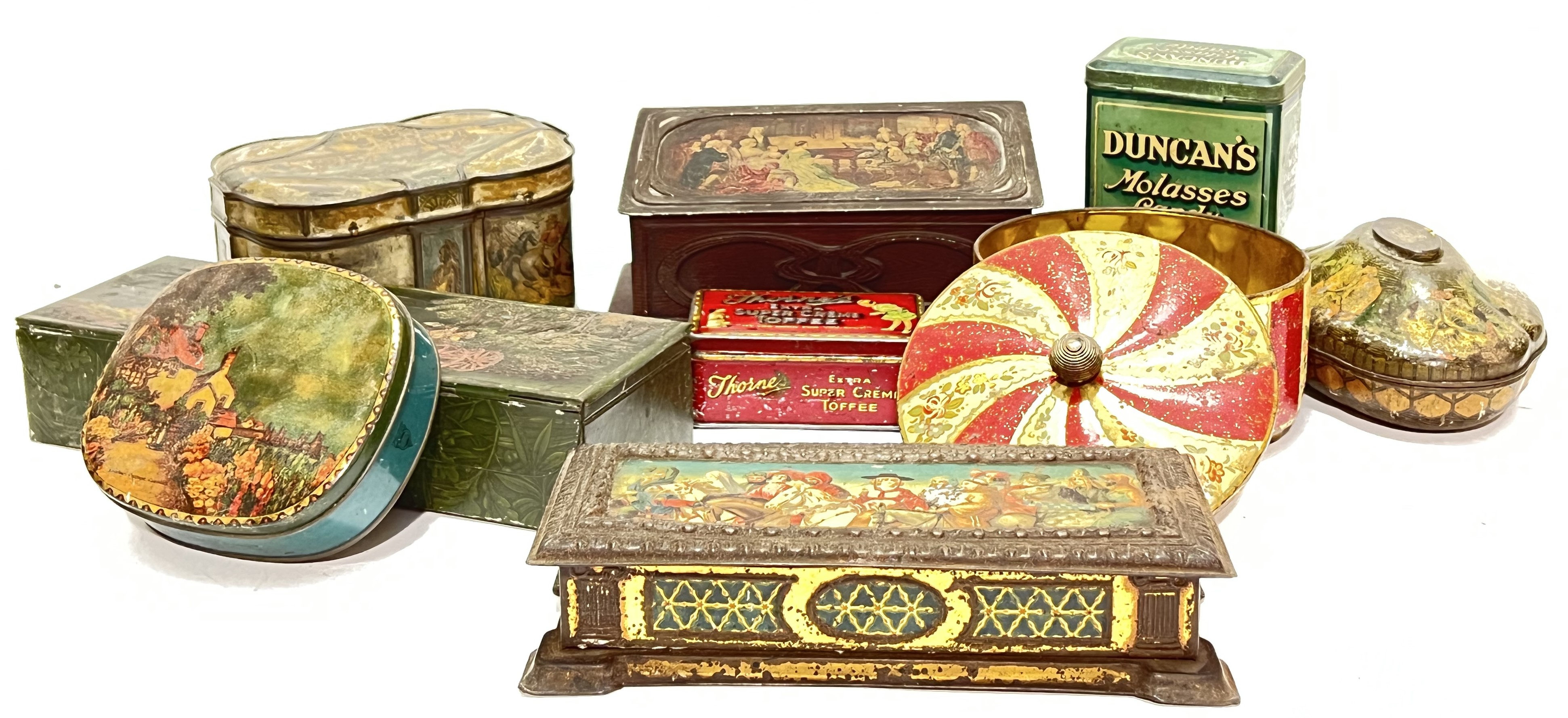 A group of vintage biscuit/confectionary tins comprising two Huntley and Palmers tins (rectangular