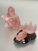A Japanese carved rose quartz figure of a seated musician playing a Biwa, no signs of damage or