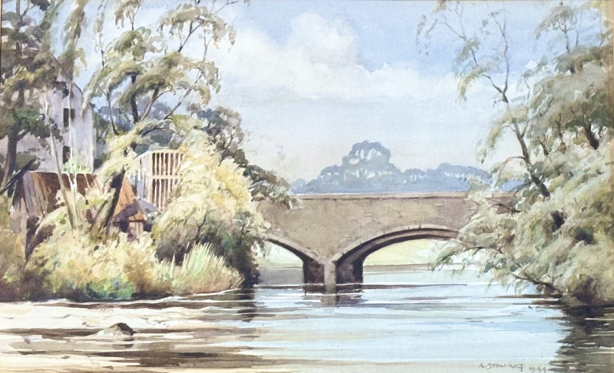 A. Stewart, riverbank bridge scene ,watercolour on paper, signed and dated 1944 bottom right in a