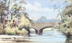 A. Stewart, riverbank bridge scene ,watercolour on paper, signed and dated 1944 bottom right in a
