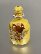 A Royal Worcester china perfume bottle with hand painted Wren seated on heather sprig with yellow