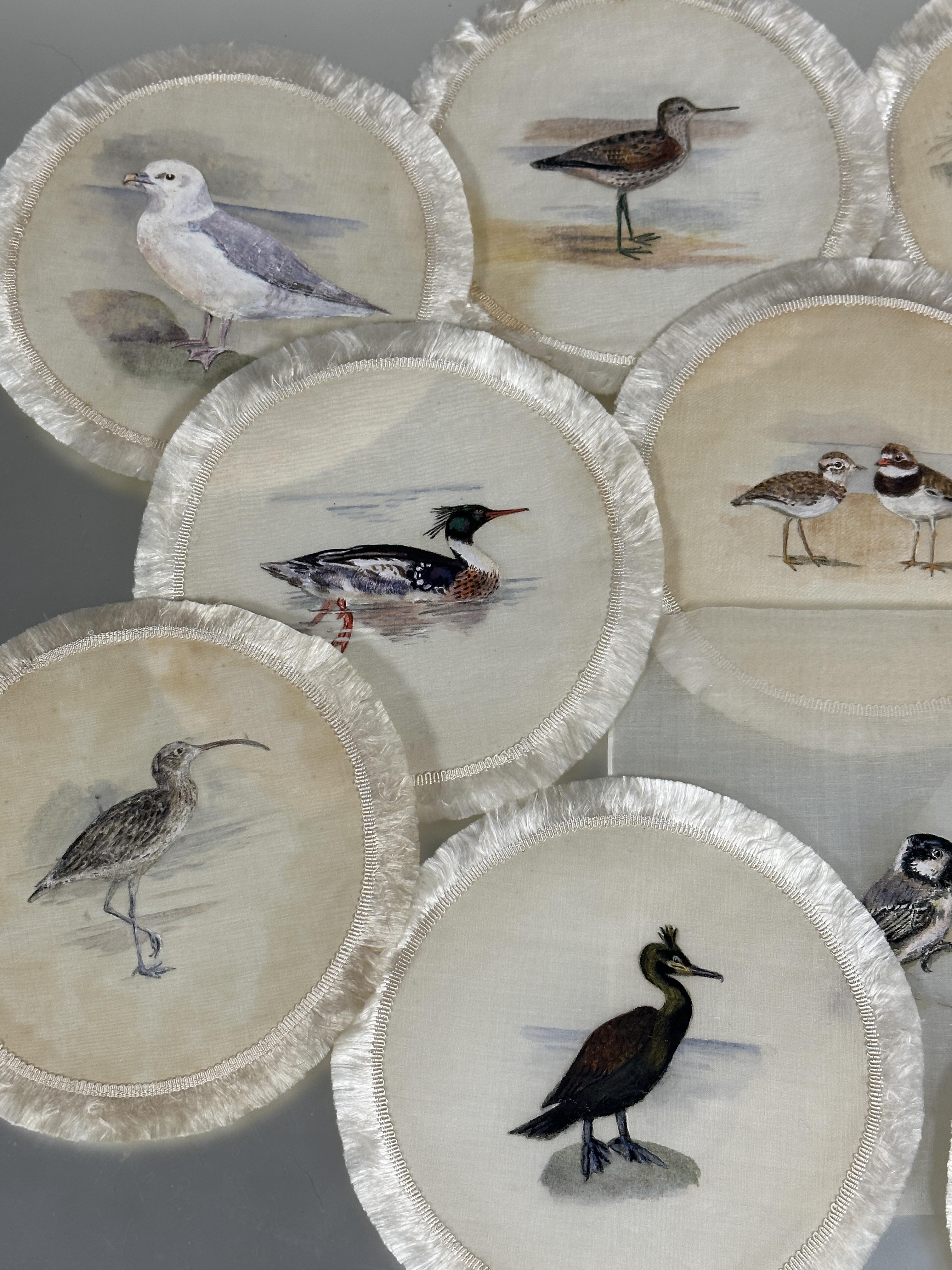 A set of 1920's hand painted dinner plate coasters of British birds on linen backed with silk and - Image 3 of 7