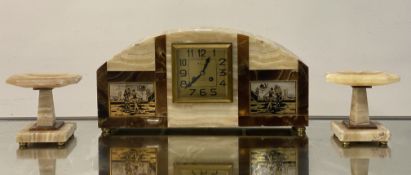 An impressive 1920's Art Deco clock garniture, comprised a domed mantel clock with onyx, agate and