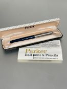 A vintage Mid- century Parker fountain pen with blue case and stainless steel cap in original fitted