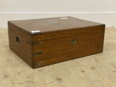 An oak and brass bound cutlery canteen box, 19th century, with inset brass cartouche and escutcheon,