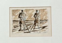 Stuart MacKenzie, Study of two figures, pen and ink, signed and dated 1990 bottom right, in a wooden