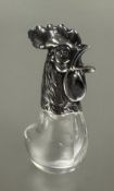 A crystal silver topped Cockerel mask pepper shaker with pierced comb, stamped 925 with import mark,