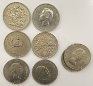 A group of eight five shilling coins comprising two 1951 coins, three 1953 coins, and four 1965 coin