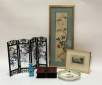 A modern blue Foo Dogs (h-13cm), a red lacquered two section decorative box with floral and