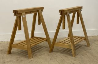 Ikea, a pair of beech 'A' frame rise and fall and angle adjustable trestles, each with a slatted