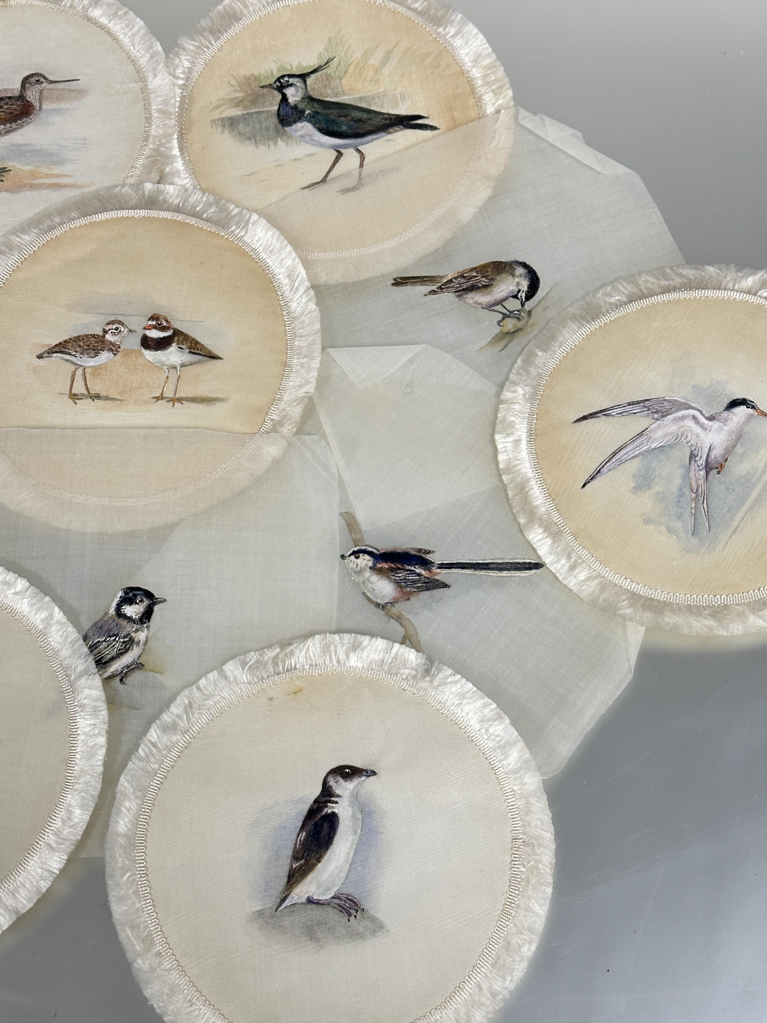 A set of 1920's hand painted dinner plate coasters of British birds on linen backed with silk and - Image 2 of 7