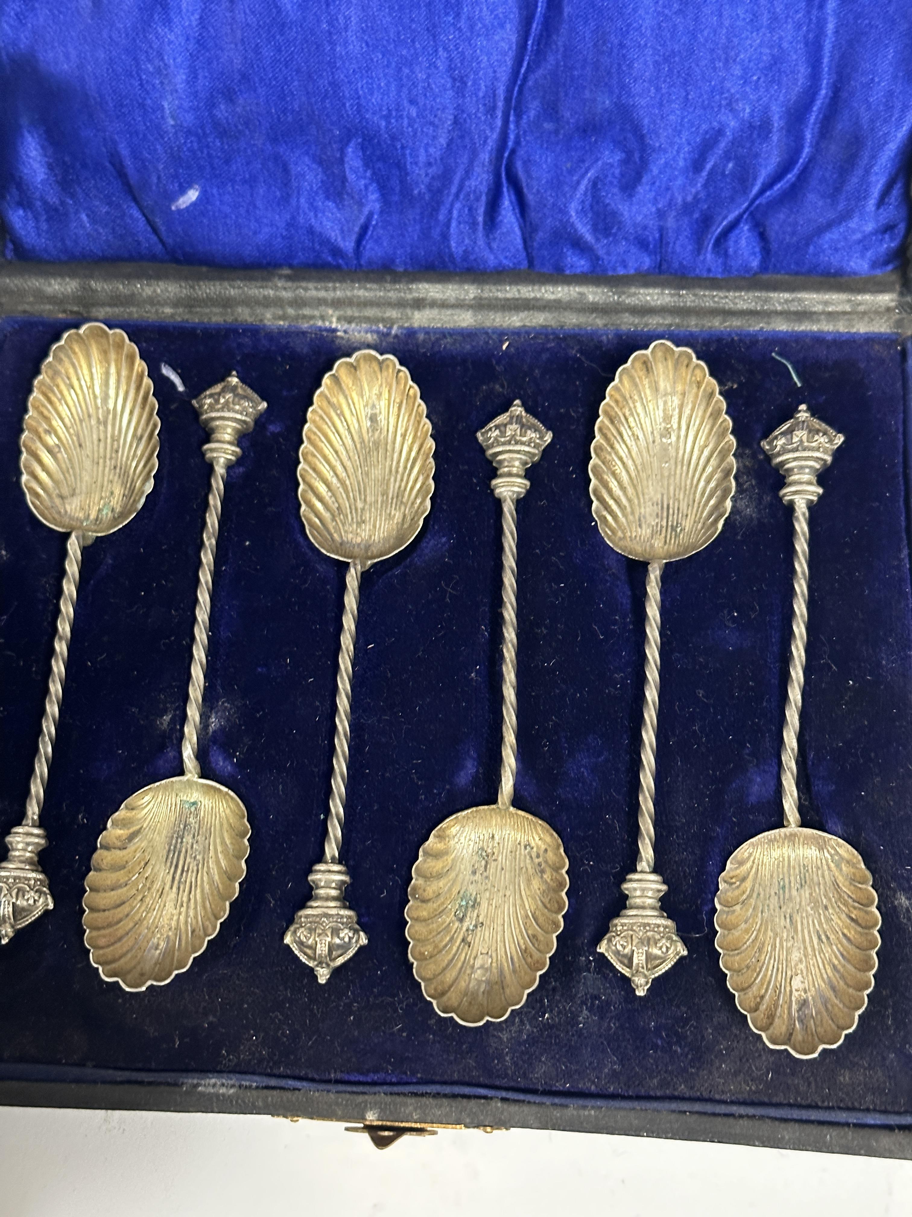 A late Victorian Birmingham set of six silver shell bowl spiral twist and coronet handled tea spoons - Image 2 of 4
