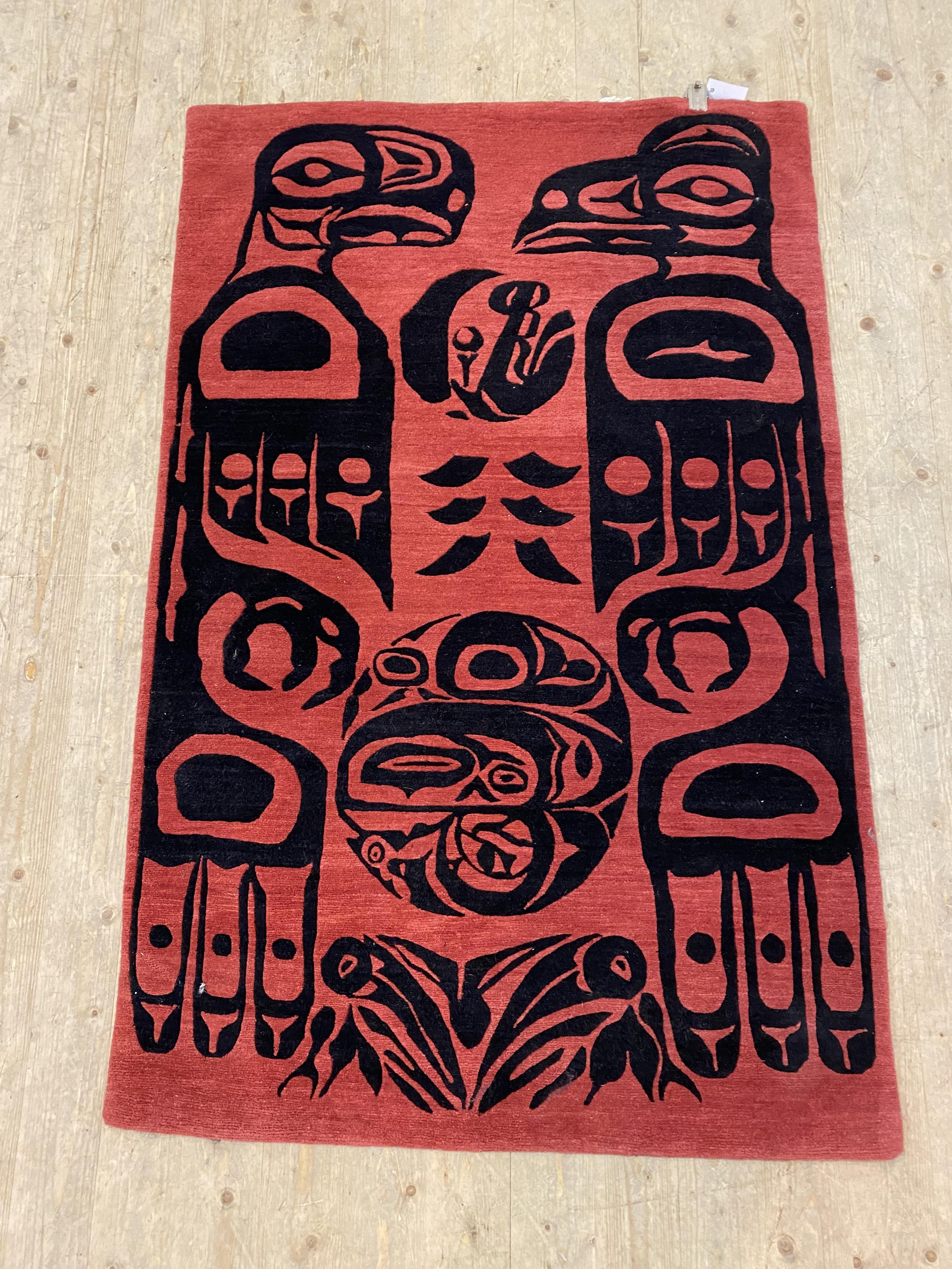 An Indigenous North American design dyed Himalayan wool wall hanging or rug, made in Nepal, 170cm