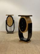 A pair of Art Deco style birds eye maple and black painted side tables, each with a rectangular