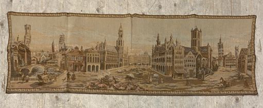 A French style tapestry wall hanging, depicting a Romanticised urban vista 144cm x 49cm.