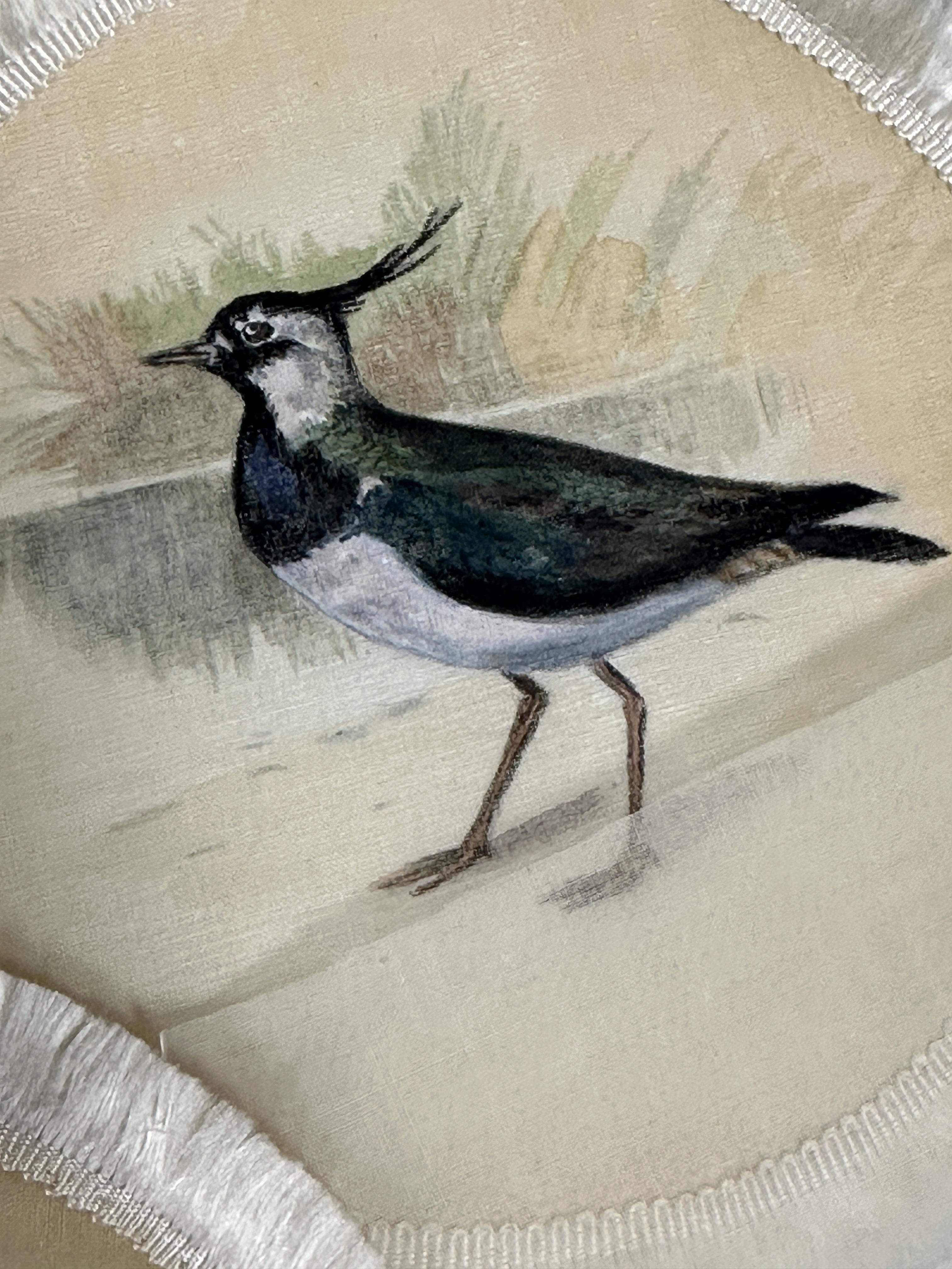 A set of 1920's hand painted dinner plate coasters of British birds on linen backed with silk and - Image 5 of 7