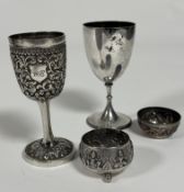 A 9thc Eastern white metal miniature chased and engraved goblet with shield with initials WC with