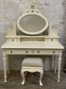 A French style cream painted dressing table and stool H163cm, W123cm, D51cm.