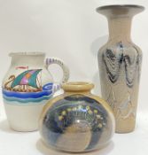 A Crich Pottery (Diana Worthy?) squat form vase with abstract design and jun glaze (marked verso, h-