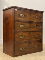 A 19th century mahogany campaign chest of drawers, fitted with a fall front pull out writing