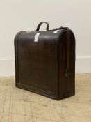 A leather bound bentwood wine box, in the form of a brief case, the interior with recesses for three