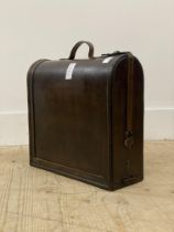 A leather bound bentwood wine box, in the form of a brief case, the interior with recesses for three