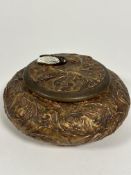 A late 19thc Artisanal Francaise pottery gilded leaf dish and cover with cicada knop, signed St