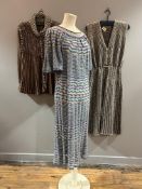 A mixed group of knitwear by Mary Farrin including a skirt with jacket in complex check knit, browns