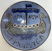 A Tynwald Millennium (Isle of Mann) Chelsea Pottery bowl, the blue glazed interior with design of