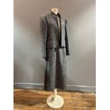 A mixed lot including a grey/winter white tweed suit by Louis Feraud, the jacket with grey trim to