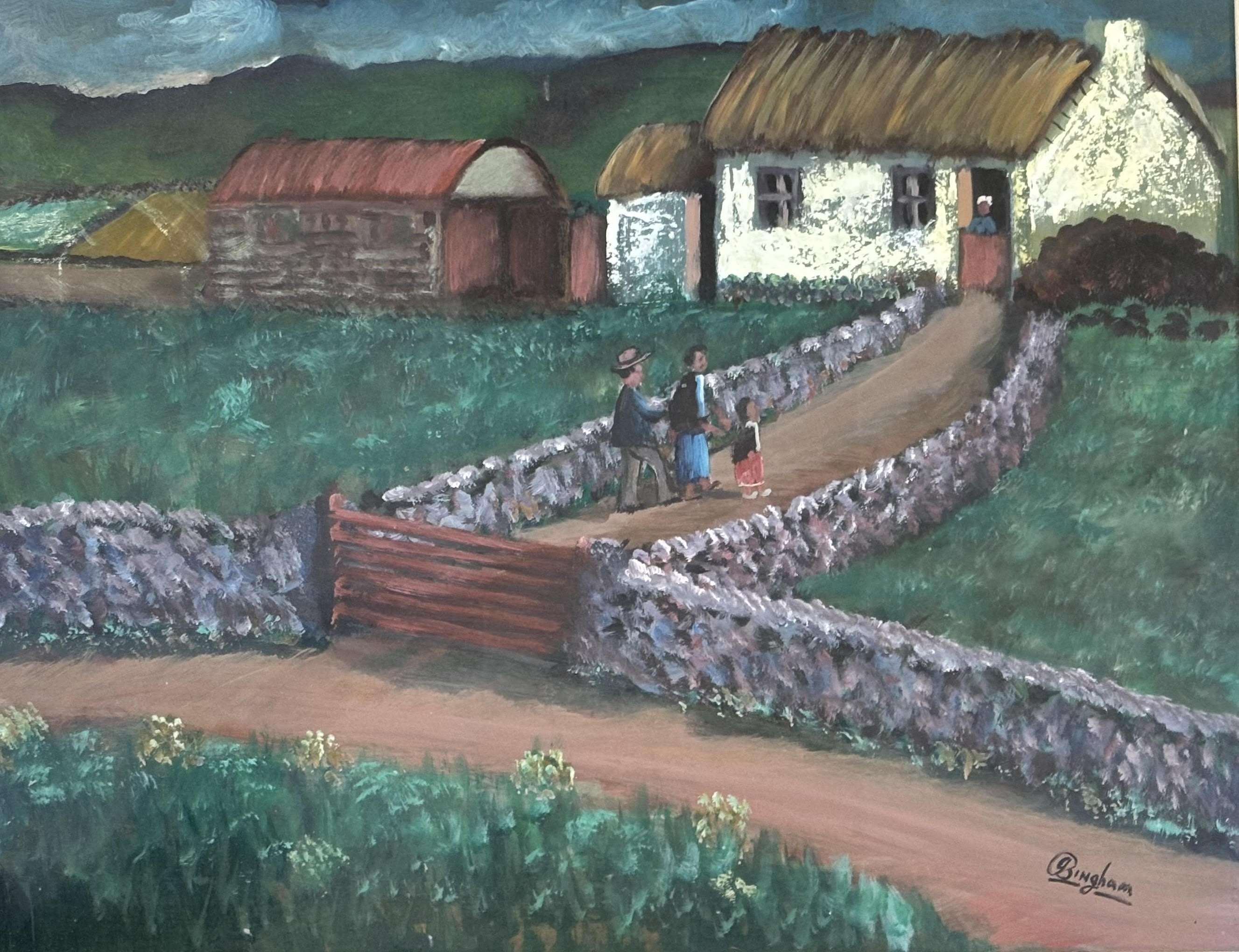 James Bingham (Irish 1925-2009), farmhouse scene with a family and to background, acrylic, signed