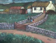 James Bingham (Irish 1925-2009), farmhouse scene with a family and to background, acrylic, signed