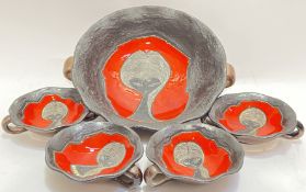 A large 1960s San Marino type Marmaca Pottery twin-handled dish glazed in red to the interior with