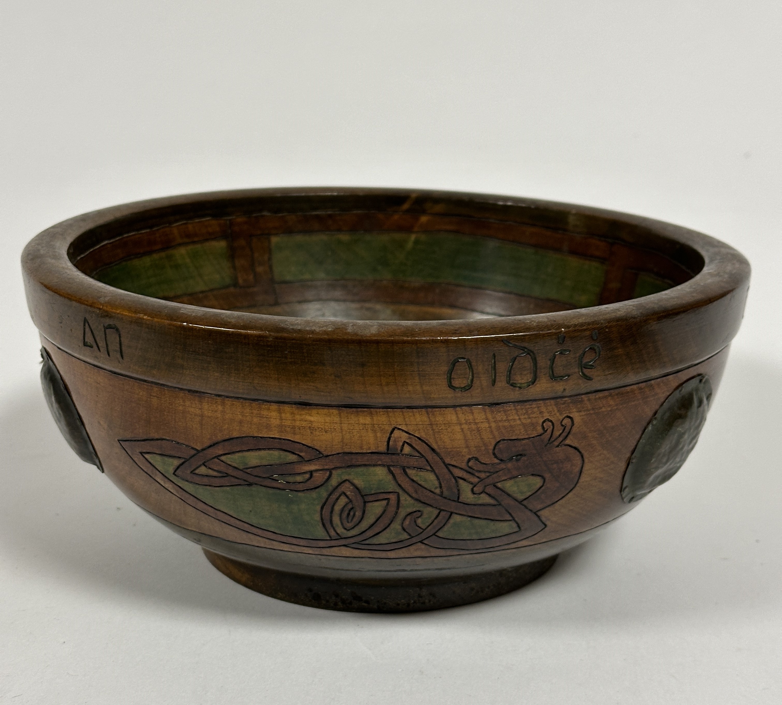 A Irish Arts and Crafts treen carved bowl with hand carved celtic decoration and circular copper - Image 2 of 3