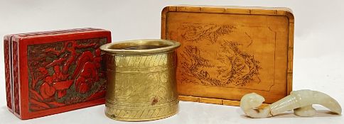A mixed group  of Chinese objects comprising a cinnabar lacquer box with carved design of the three