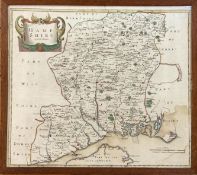 A framed 18thc map engraving of Hampshire, by Rob Morden, later added colour, in a wooden glazed