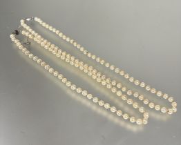 A cultured matched stand of pearls with magnetic clasp fastening, (L x 23 cm) and a cultured pearl