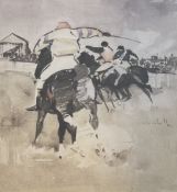 J.Campbell?, Jockeys at the racecourse print, in a glazed mounted frame. (45cmx42cm)