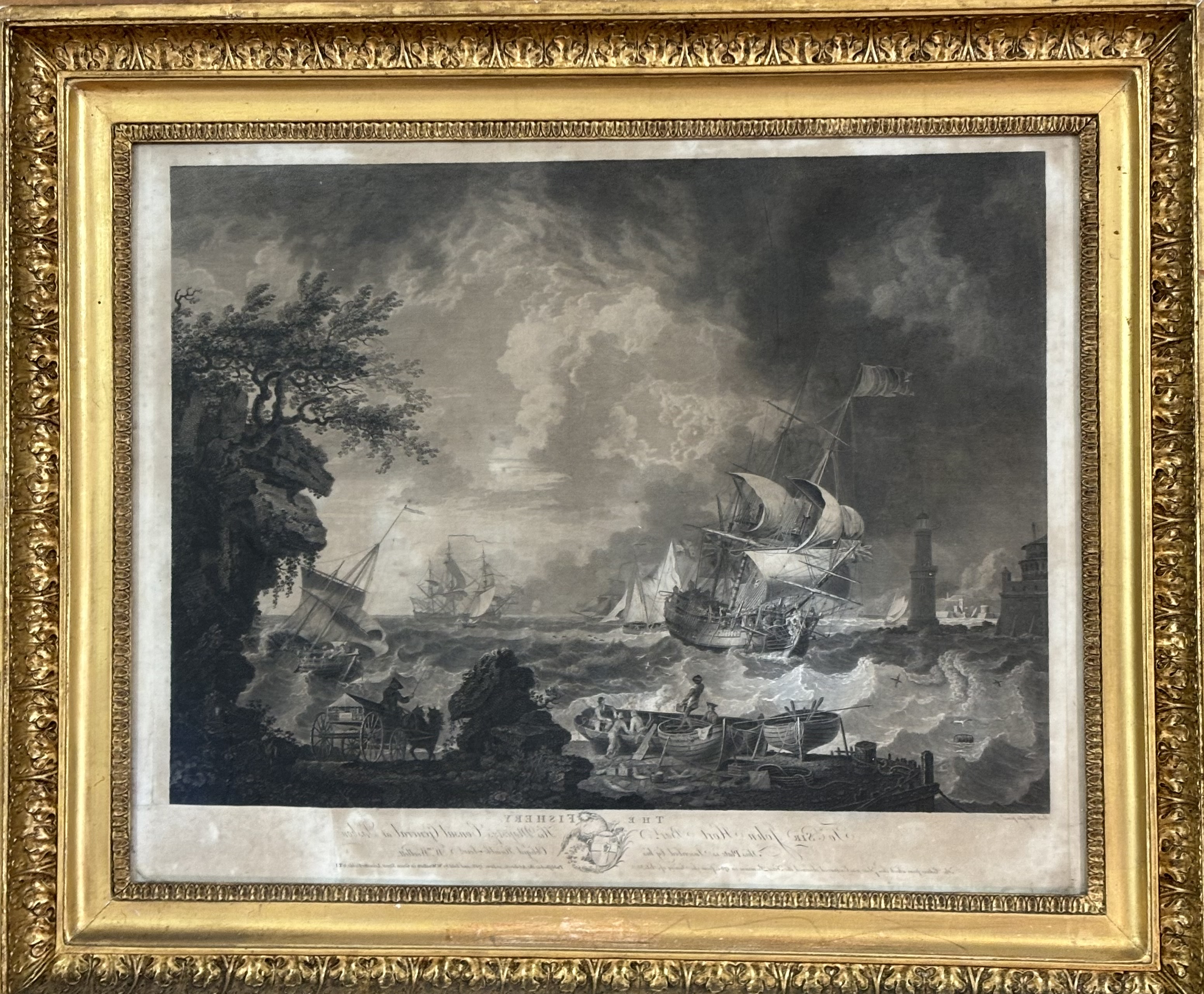 Framed plate engraving of The Fishery, To Sir John Hort Bart, His Majesty's Consul General at